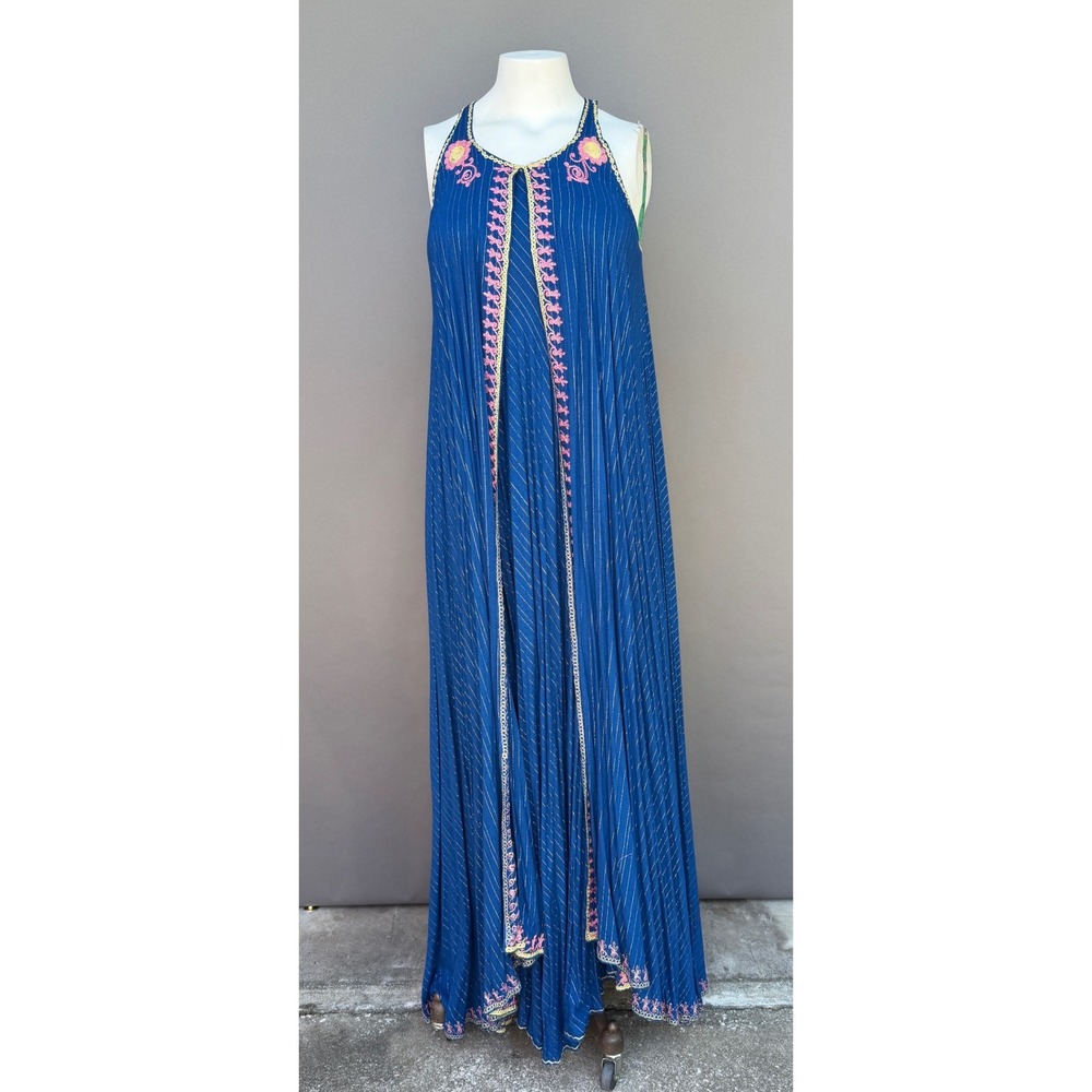 Blue‎ Embroidered Sleeveless Maxi L Dress Boho Lurex Stripe Flowy Festival Gown